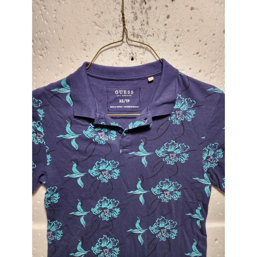 Guess Top Womens XL Blue Floral Short Sleeve Blouse Tank Collared Quarter Button - Picture 2 of 15